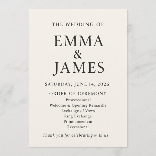 Programme Minimal Elegant Wedding Program | Ivory Ceremony (Devant)