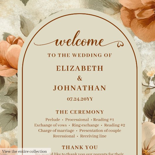 Programme Minimalist Boho Copper Ivory Sage Floral Wedding 