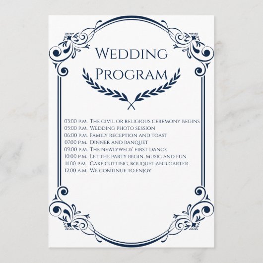 Programme Minimalist Navy Blue and White Wedding Program (Devant)