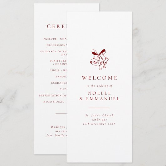 Programme Minimalist Red Christmas Bells Winter Wedding (Devant / Derrière)