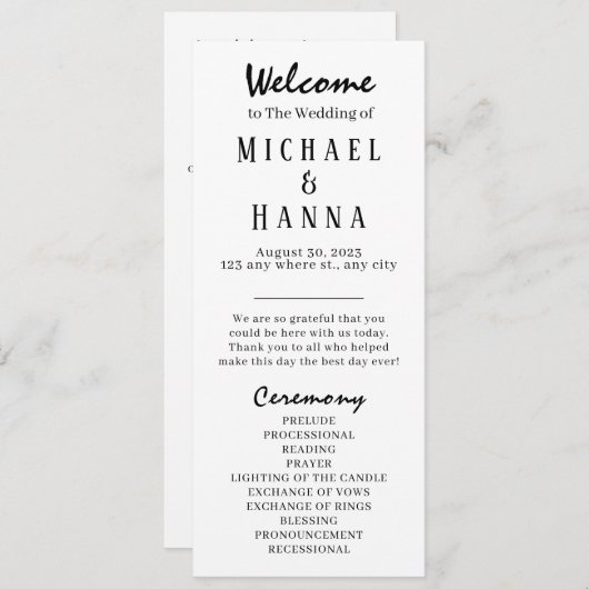 Programme minimaliste de cérémonie Mariage modifia (Devant / Derrière)