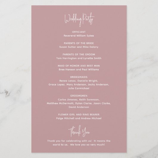 Programme minimaliste de mariage moderne rose (Dos)