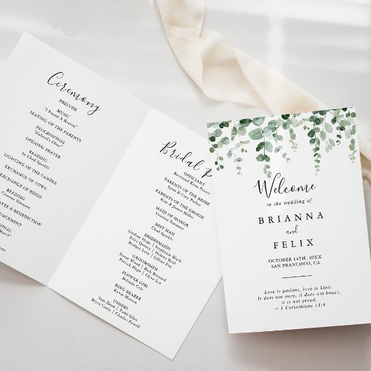 Programme minimaliste de mariage plié à l'eucalypt