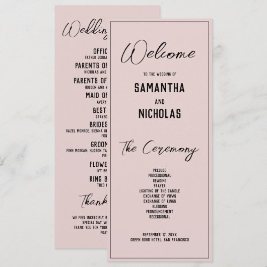 Programme minimaliste de mariage rose Dusty (Devant / Derrière)