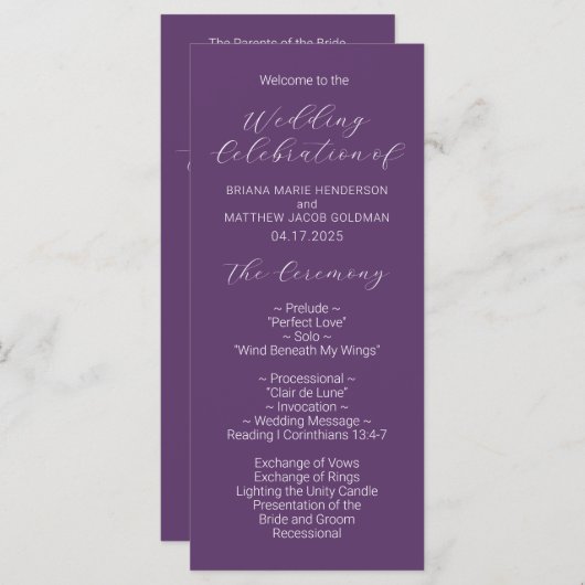 Programme minimaliste de mariage violet Script (Devant / Derrière)