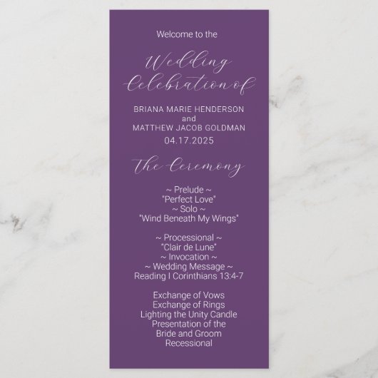 Programme minimaliste de mariage violet Script (Devant)