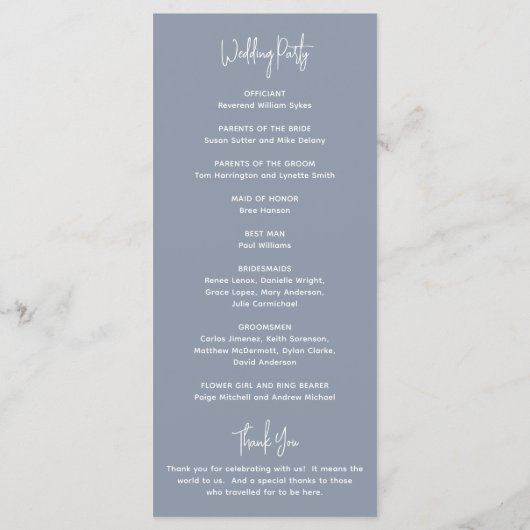 Programme Minimaliste Dusty Blue Mariage moderne (Dos)