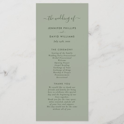 Programme minimaliste moderne de mariage vert Sage (Devant)