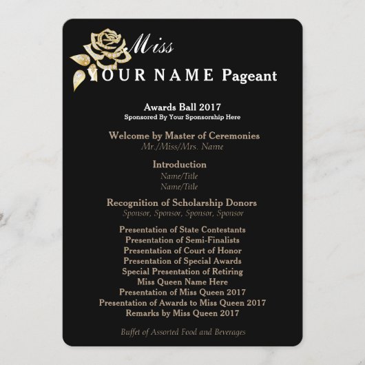 Programme Miss America Gold Rose Awards Ball Program Card (Devant)