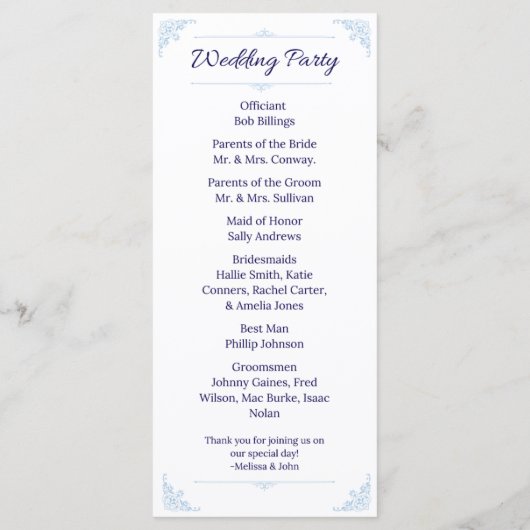 Programme Modern Blue Wedding Program French Country (Dos)