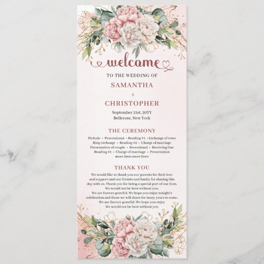Programme Modern Dusty Pink Flowers Greenery Wedding Program (Devant)