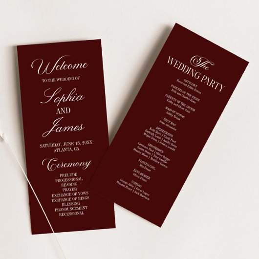 Programme Modern Elegant Dark Burgundy Wedding