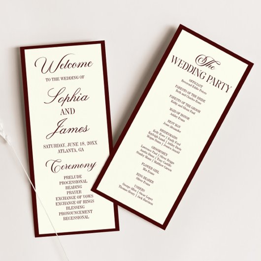 Programme Modern Elegant Dark Burgundy Wedding