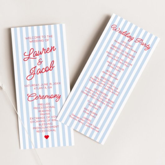 Programme Modern Minimal Minimalist Blue Stripes Red Wedding