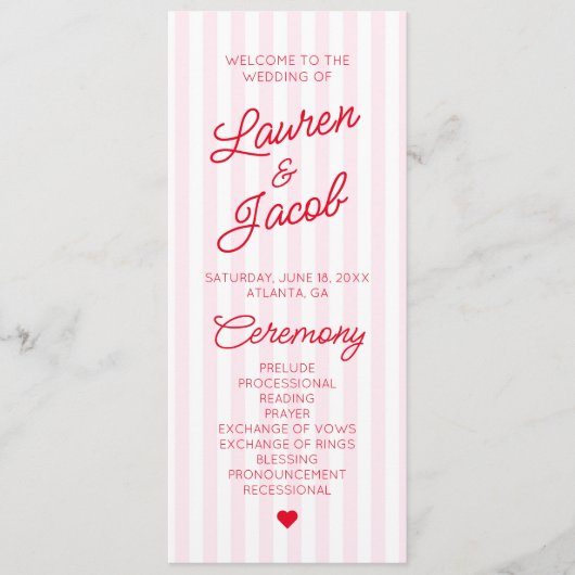 Programme Modern Minimal Minimalist Red Pink Stripes Wedding (Devant)