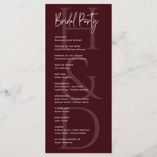 Programme Modern Minimalist Burgundy Monogram Wedding (Dos)