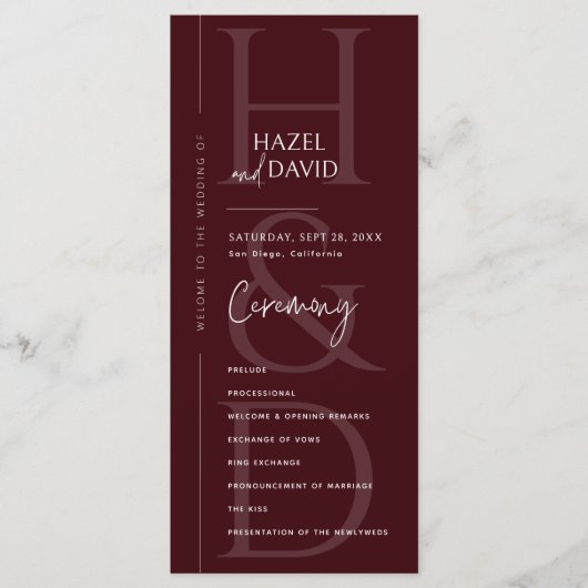 Programme Modern Minimalist Burgundy Monogram Wedding (Devant)