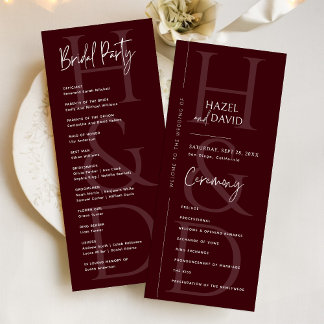 Programme Modern Minimalist Burgundy Monogram Wedding