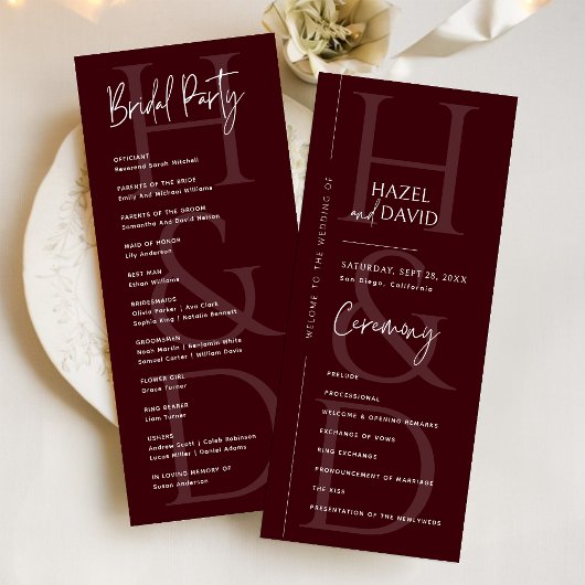 Programme Modern Minimalist Burgundy Monogram Wedding