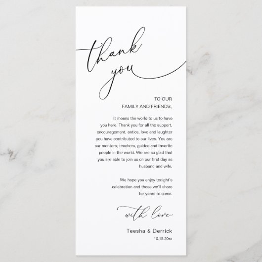 Programme Modern Romantic Wedding Reception Thank You Card (Devant)