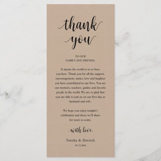 Programme Modern Rustic Wedding Dinner Thank You Card (Devant)