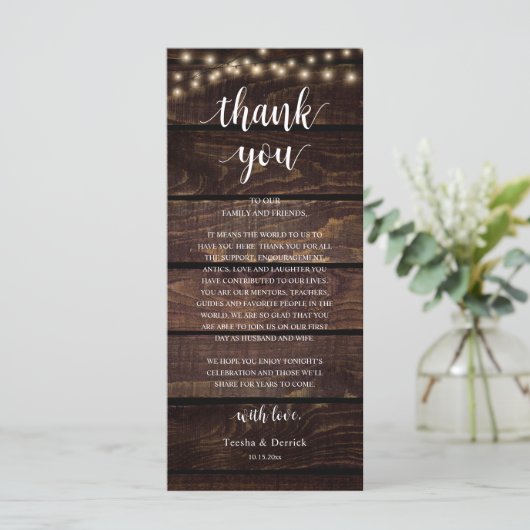 Programme Modern Rustic Wedding Reception Thank You Card (Debout devant)