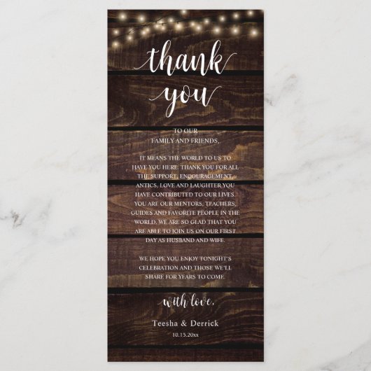 Programme Modern Rustic Wedding Reception Thank You Card (Devant)