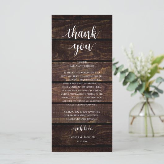 Programme Modern Rustic Wedding Reception Thank You Card (Debout devant)