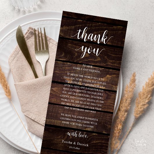 Programme Modern Rustic Wedding Reception Thank You Card