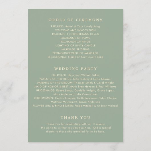 Programme Modern Sage Green Simple Wedding (Dos)