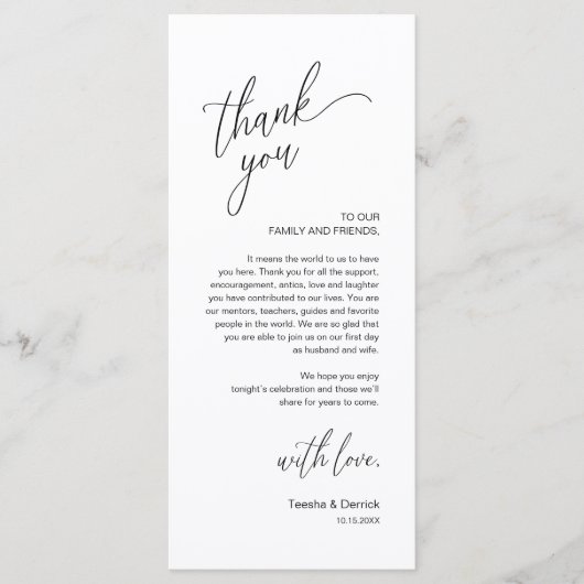 Programme Modern Wedding Reception Dinner Thank You Card (Devant)