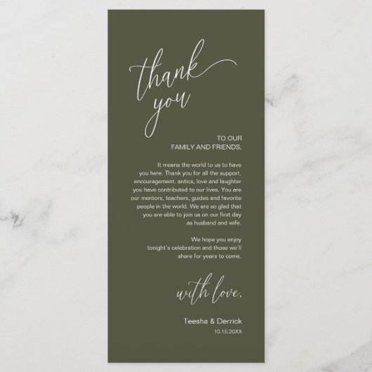 Programme Modern Wedding Reception Dinner Thank You Card (Devant)
