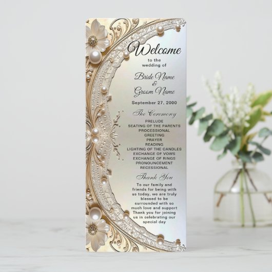 Programme Modern White Flowers Pearls Wedding Program (Debout devant)