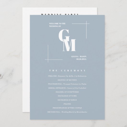 Programme Moderne Chic Dusty Blue Monogramme QR Code Mariage (Devant / Derrière)