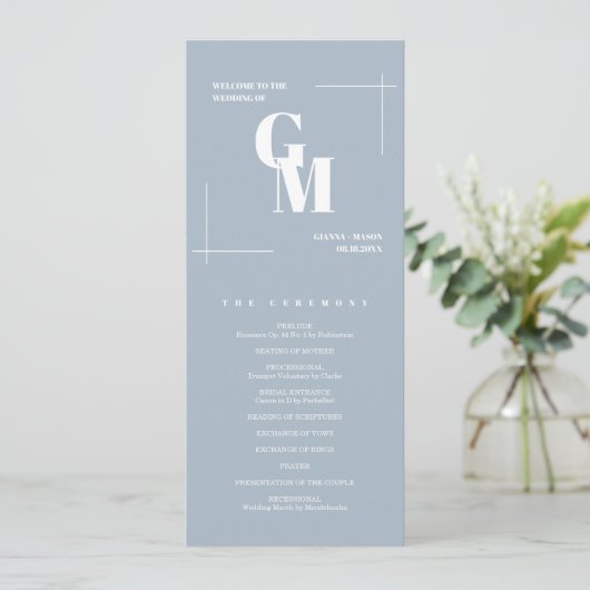 Programme Moderne Chic Dusty Blue Monogramme QR Code Mariage (Debout devant)