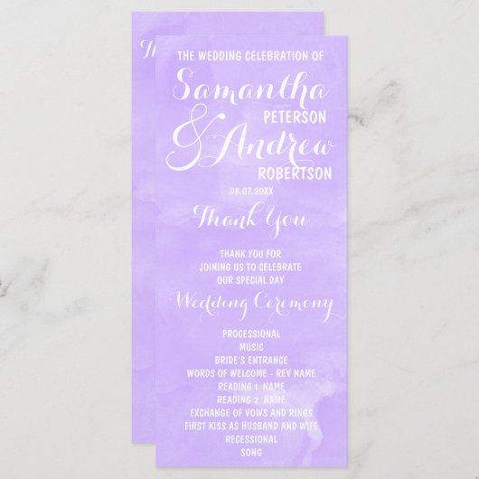 Programme moderne de mariage à l'aquarelle lavande (Devant / Derrière)