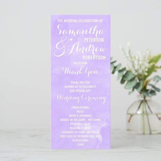 Programme moderne de mariage à l'aquarelle lavande (Debout devant)