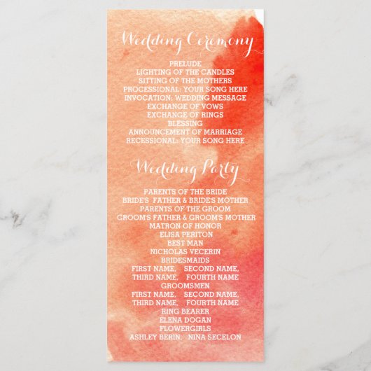 Programme moderne de mariage aquarelle corail réci (Dos)