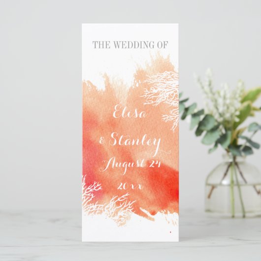 Programme moderne de mariage aquarelle corail réci (Debout devant)