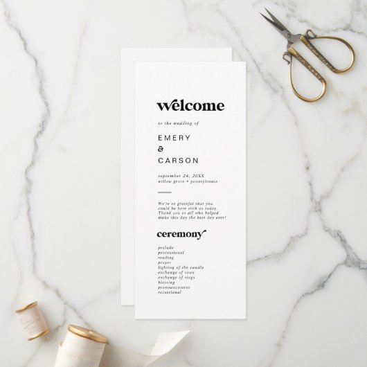 Programme moderne de mariage de typographie noire (Devant/Arrière en situation)