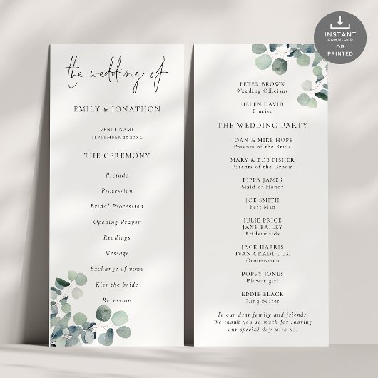 Programme moderne de mariage Eucalyptus Script