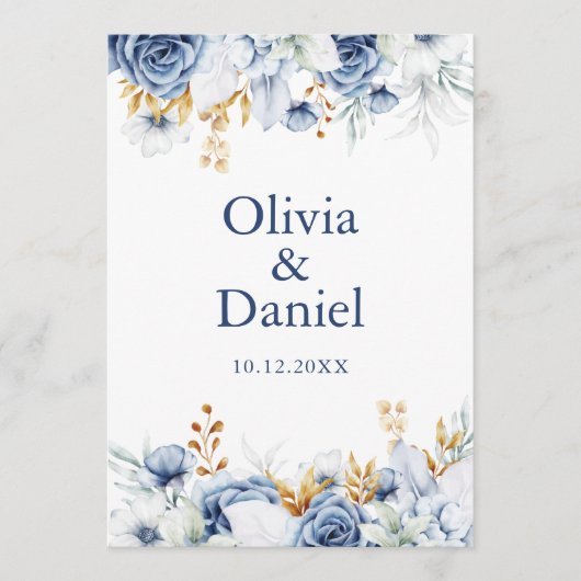 Programme moderne de mariage floral bleu et or (Devant)