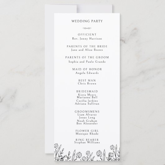 Programme moderne de mariage floral noir et blanc (Dos)