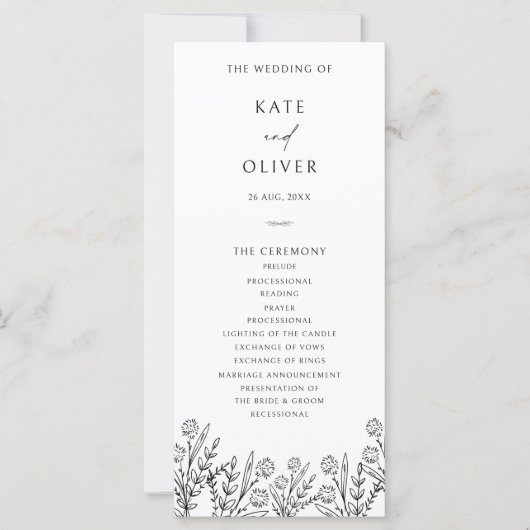 Programme moderne de mariage floral noir et blanc (Devant)