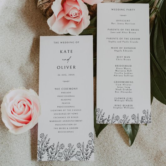 Programme moderne de mariage floral noir et blanc