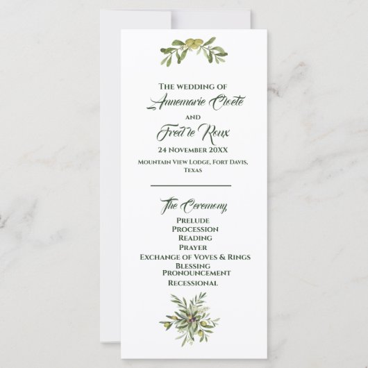 Programme moderne de mariage vert d'olive (Devant)