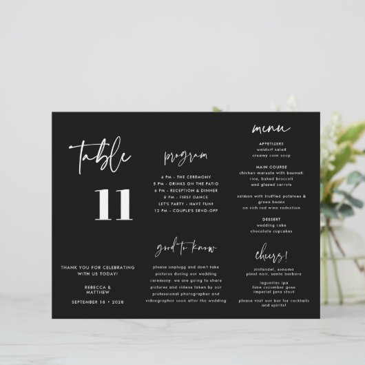 Programme moderne de menu Mariage noir triplé (Debout devant)