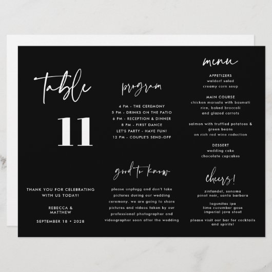 Programme moderne de menu Mariage noir triplé (Devant / Derrière)