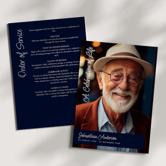 Programme Moderne écriture bleu marine et blanc funérailles/