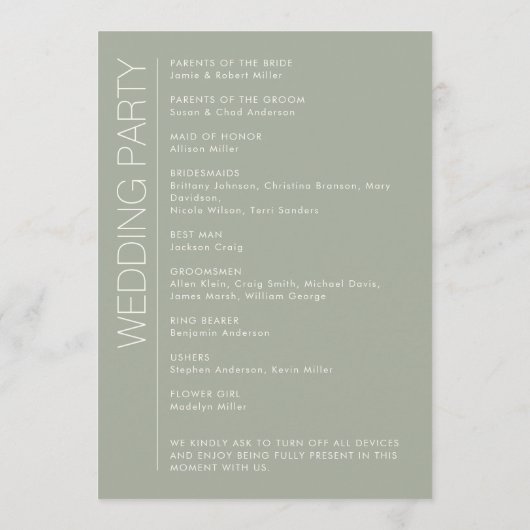 Programme Moderne minimaliste Mariage vert Sage (Dos)